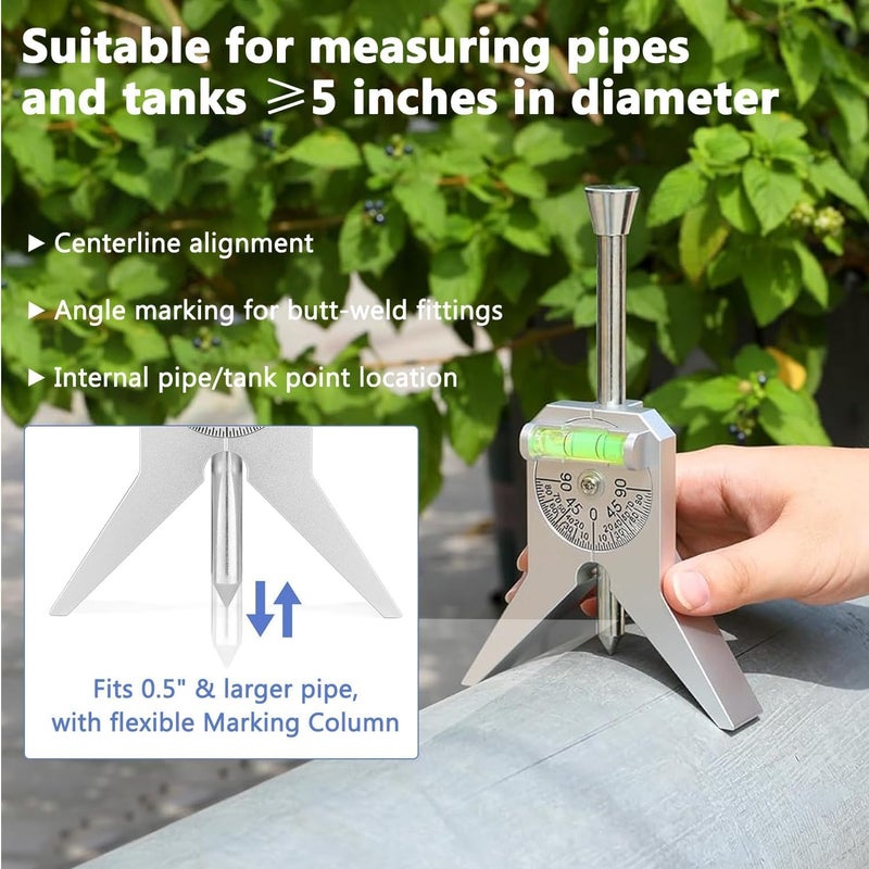 Drphiru Pipe Center Finder, Pipefitter Tools With Centering Head, Center Finder Tool Pipe Fitting Tools for Measuring Pipe Diameter 0.5" and Up, 4" Y-Type Base Fitted with Adjustable Dial Bubble Protractor - Image 5